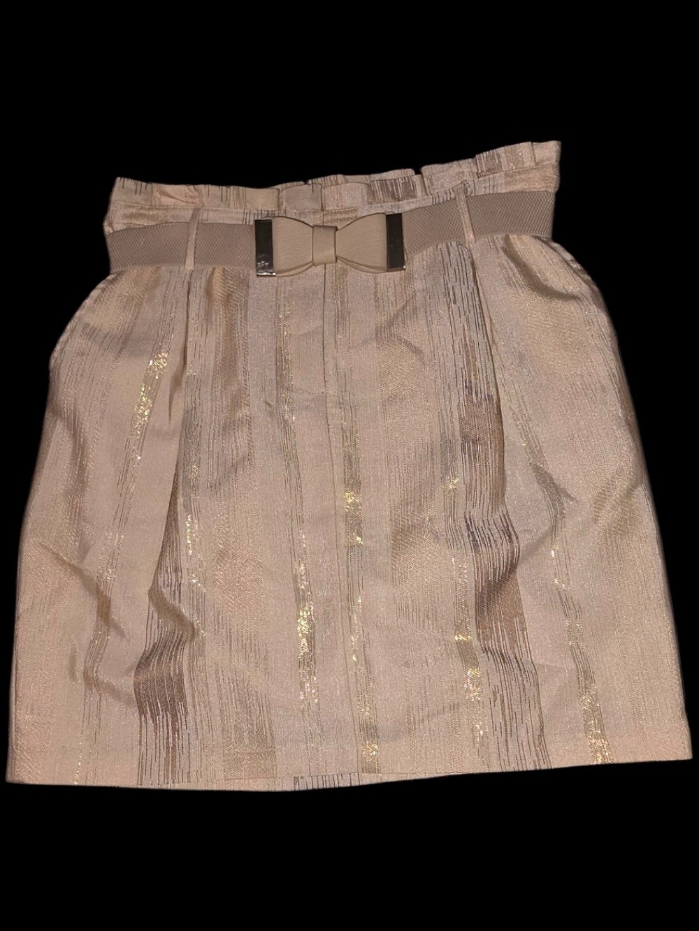 Vintage Y2K Love 21 Metallic Gold Striped Paperbag Mini Skirt with Bow Belt - M